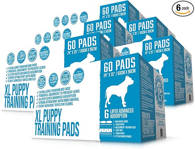 Bulldogology Puppy Pee Pads XL with Adhesive Sticky Tape - Extra Large Dog Training Wee Pads (24x35) 6 Layers with Extra Quick Dry Bullsorbent Polymer Tech (360-Count, White)