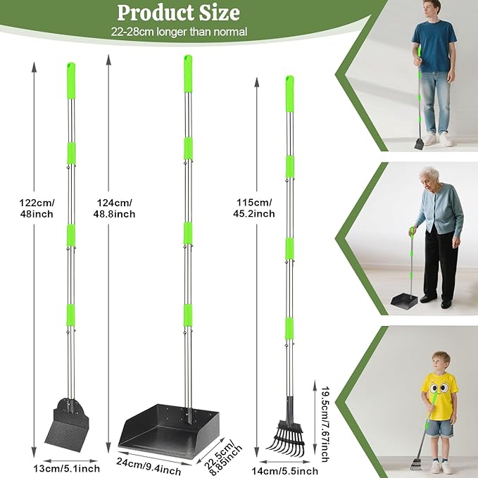 T2Y Extra Long Handle Dog Pooper Scooper 3-Piece Set, Heavy Duty Metal Poop Rake, Tray and Spade for Large Dogs, Stainless Steel Pet Waste Remover & Garden Scoop for Yard/Grass/Dirt/Gravel