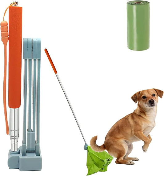 Dog Pooper Scooper,Foldable Pooper Scooper Long Handle for Large/Small Dogs,Portable Metal Pooper Scooper with Bag Attachment, No Touch Dog Poop Scooper Used for Walking with Dogs. (Bags of 15)