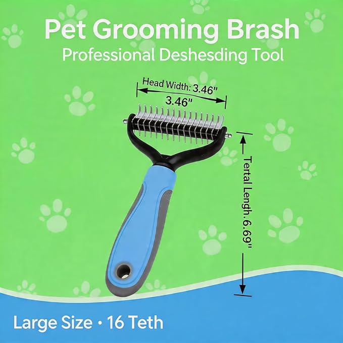 Dog Finger Toothbrush Combo& Undercoat Rake Brush for Dogs and Cats, Double Sided Shedding and Dematting Tool for Long Haired Pets, Extra Wide Grooming Brush with Flea (Blue)