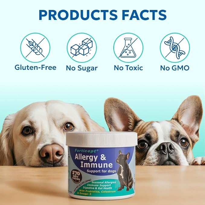 Forticept Allergy & Immune Probiotics for Dogs, Support Seasonal Allergies, Gut & Digestive Health - Enzymes, Colostrum, and Omega 3 Helps with Hot Spot and Yeast, Itch Relif