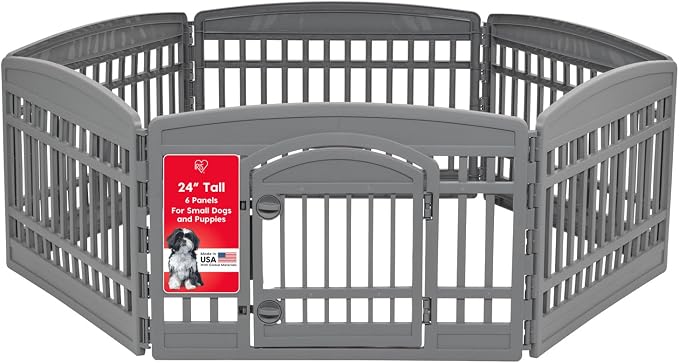 IRIS USA 24" Dog Playpen 6-Panel Pet Exercise Pen with Door Gate 61x61x24 Puppy Play Pen Indoor Outdoor Plastic Heavy Duty Foldable Portable Pet Fence for Small Medium Dogs Puppies Multiple Pets Gray