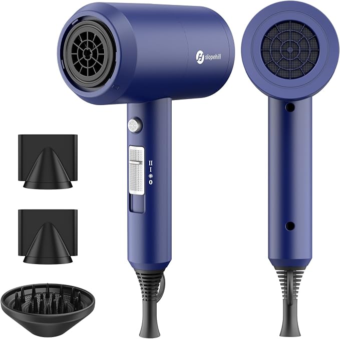 Slopehill Professional Ionic Hair Dryer, Powerful 1800W Fast Drying Low Noise Blow Dryer with 2 Concentrator Nozzle 1 Diffuser Attachments for Home Salon Travel (Prussian Blue)