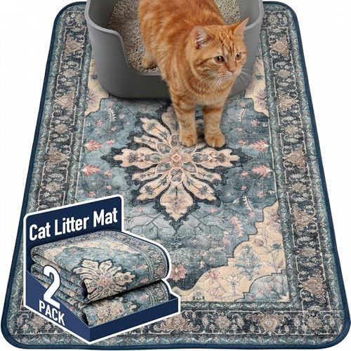 Hompet Cat Litter Mat 2 Pack, 24x36 Large Machine Washable Trapping Mats for Cats, Super Absorbent & Urine-Proof Cat Litter Box Mat for Floor, Waterproof & Non Slip Kitty Litter Rug