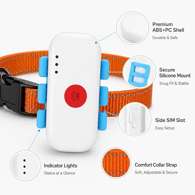 4G GPS Pet Tracker for Dogs & Cats, Real-Time GPS Tracking Device with Geo-Fence Alerts, Location History, Sound Pet Finder, IPX4 Water-Resistant, 1000mAh Rechargeable Battery, App Control
