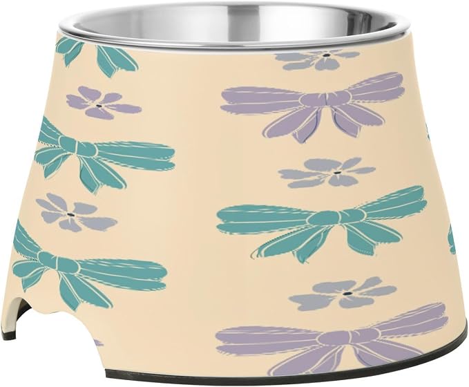 Blueangle Elevated Dog Bowls with Stainless Steel - Non-Slip 2.3 Cup High Capacity Pet Dish for Spinal Health & Bows and Flowers Design（405）
