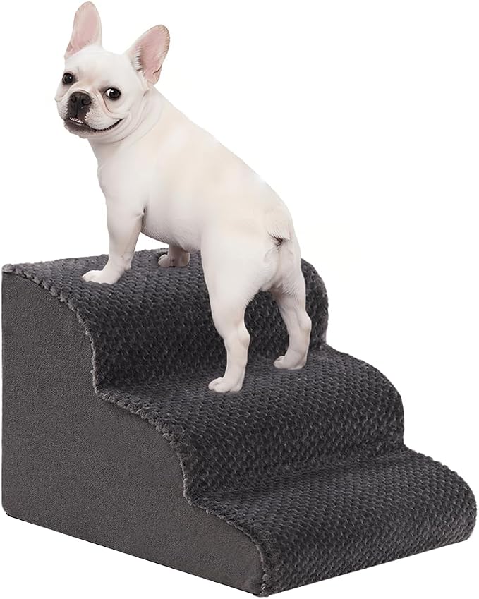 Oiilores Dog Stairs for Small Dogs 15" H, 3-Step Dog Steps Ramp for Couch Sofa and Chair with Anti-Slip Washable Cover and Durable High Density Foam, Pet Stairs for Cats, Grey