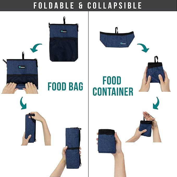PetAmi Travel Dog Food Bag with Collapsible Bowls Set, Navy & Gray