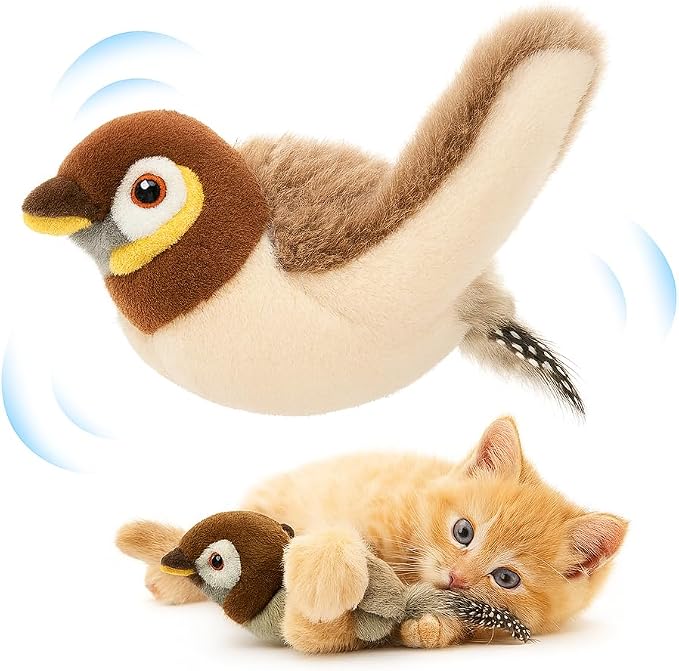 Flapping Bird Cat Toy, White Faced Sparrow | No Flying, Chirping, With Catnip, Rechargeable, For Indoor Cats