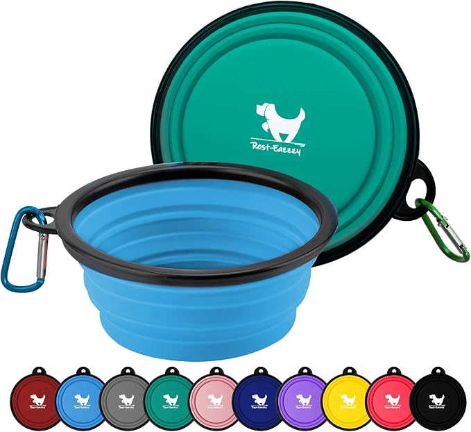 Collapsible Dog Bowls, 2 Pack, with Carabiners, Green & Blue, Medium