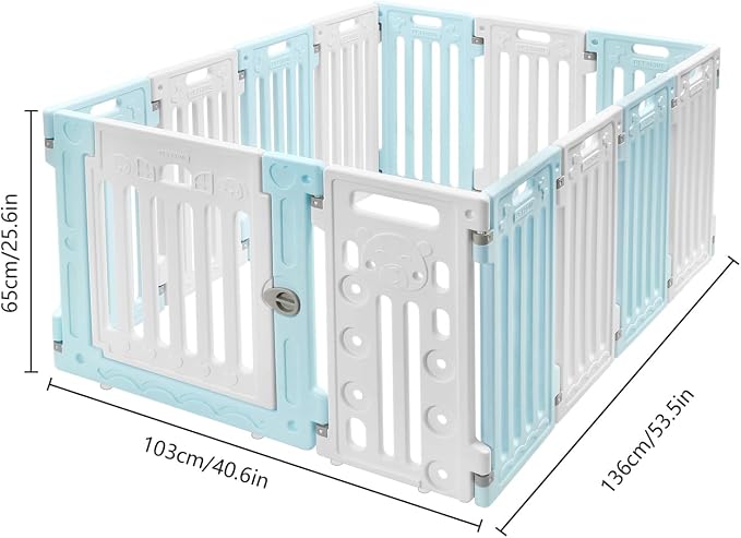 26" H Dog Playpen, 13 Panels Pet Pen with Door Heavy Plastic Pet Safety Fence for Small Medium Pets Puppy Playpen Indoor with Suction Cups Flexible Installation 40.6" X 53.5" X 25.6" (Blue)