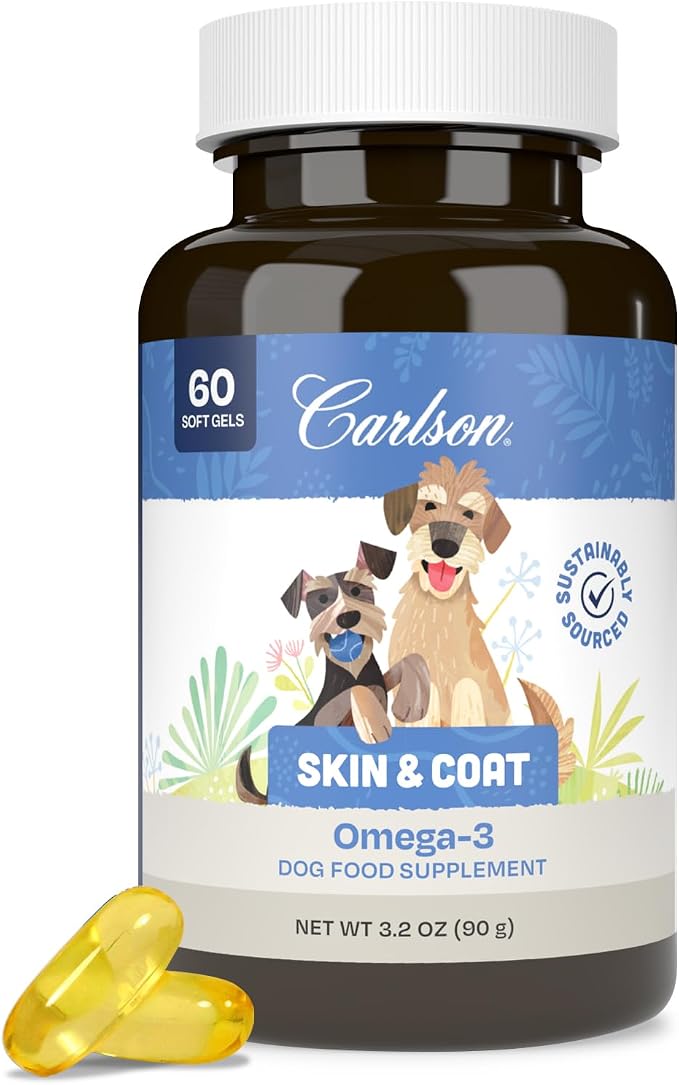 Carlson Omega-3 Fish Oil Soft Gels for Dogs, Supports Skin & Coat, Joint & Heart Health, Dog Supplement, 60 Soft Gels