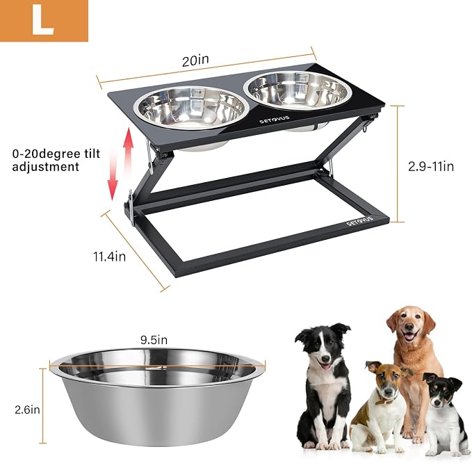 Elevated Dog Bowls for Large Medium Dogs, 3 Heights Adjustable Raised Dog Bowl Stand with 2 Stainless Steel Food Bowls 20°Tilted Elevated Easy to Clean Water Bowl (Black, Large)