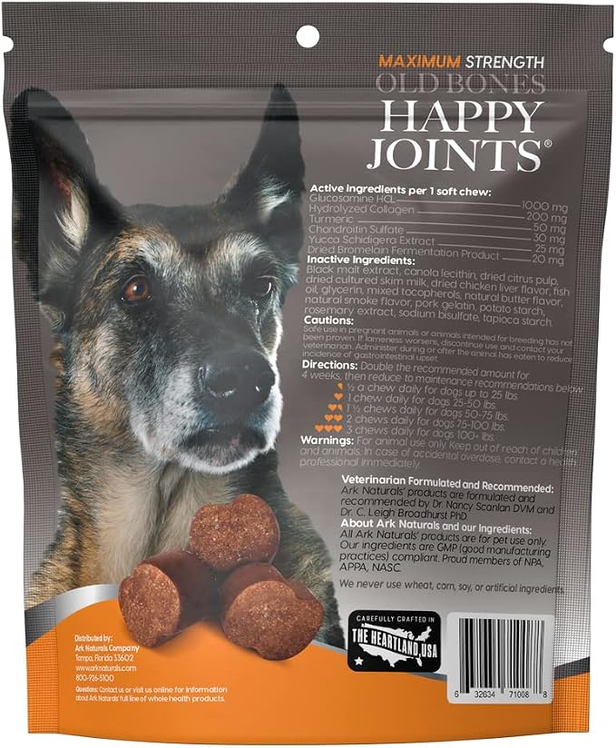 ARK NATURALS Gray Muzzle Old Dogs Happy Joints Maximum Strength Chews for Large Breed Dogs, Support Cartilage and Joint Function, 500 mg Glucosamine, 16.5 oz Bag, Packaging May Vary (71008)