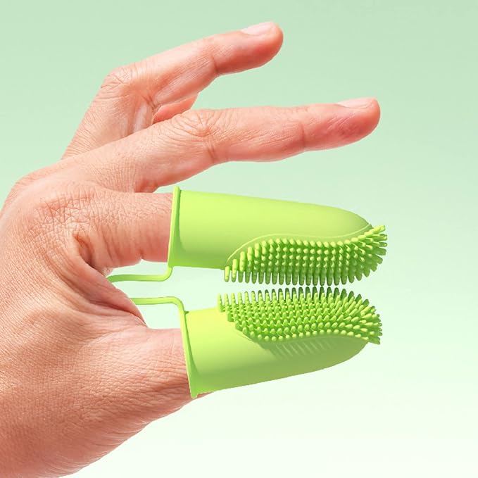 Dog Toothbrush for Teeth Cleaning, 2-Finger Small Finger Brushes with Soft Silicone Bristles, Pet Care for Dogs and Cats, Green