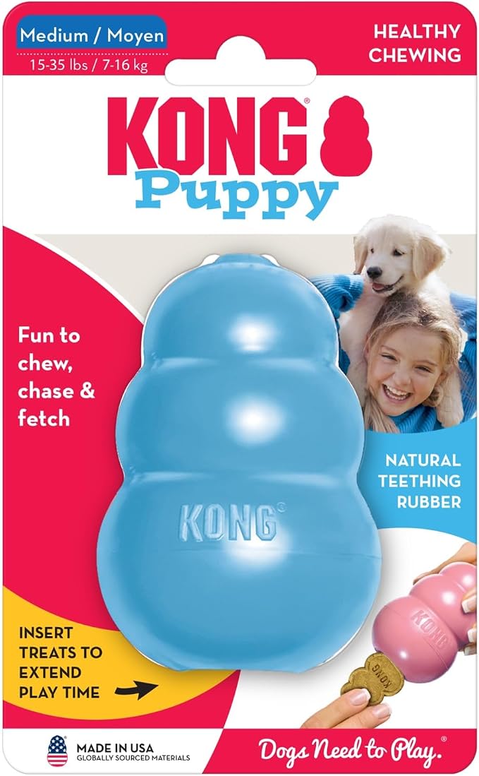 KONG Puppy, Natural Rubber Teething Chew Toy, for Medium Puppies, Blue | Gentle Natural Teething Rubber Toy, Stuffable for Treats & Built for Chewing & Fetch with Growing Puppies