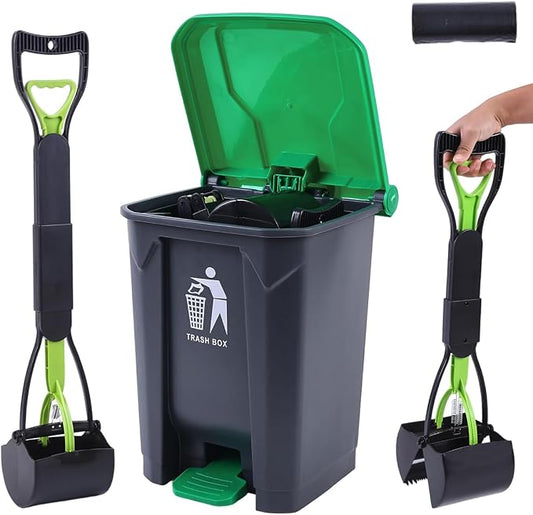Pooper Scooper 2 Pack with 20 Litre Step Dog Poop Trash Can, 28" Long Handle Dog Poop Scoopers for Large Small Dogs Heavy Duty, Removable Inner Bucket for Outdoors, 50 Waste Bags Included (Green)