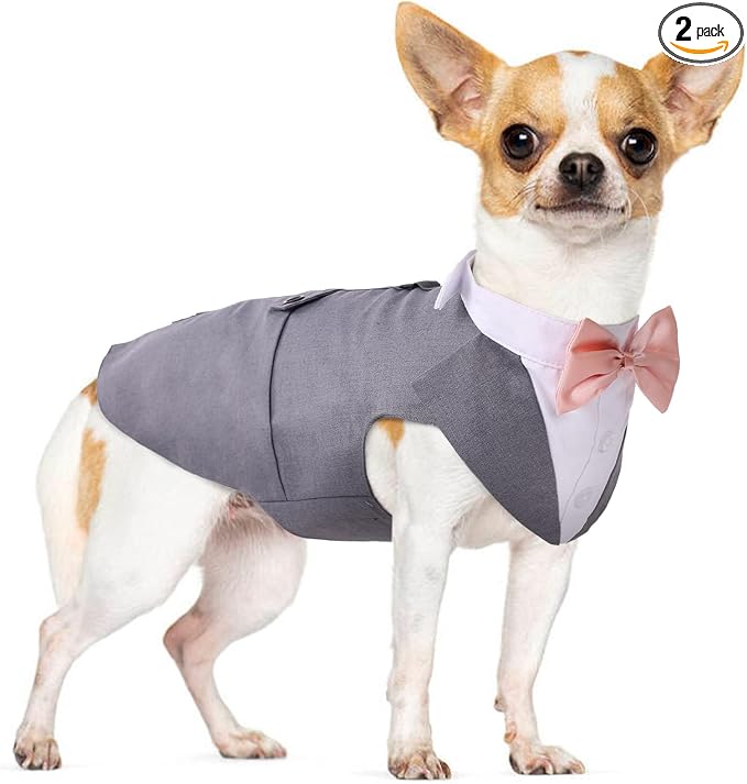 PUMYPOREITY Small Dog Bowtie Tuxedo Suit, Small (Pack of 1), Small, Grey