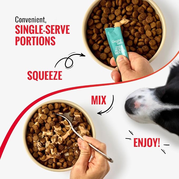 Good 'n' Tasty Triple Flavor Puree Mix-Ins Dog Food Topper Treats for All Dogs, 28 Count, Easy Single-Serve Portions, Added Protein with Tuna, Chicken and Duck