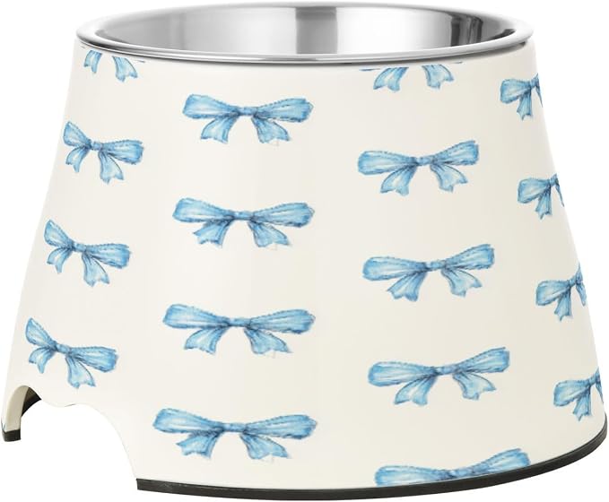 Blueangle Elevated Dog Bowls with Stainless Steel - Non-Slip 2.3 Cup High Capacity Pet Dish for Spinal Health & Watercolor Blue Bows Design（460）