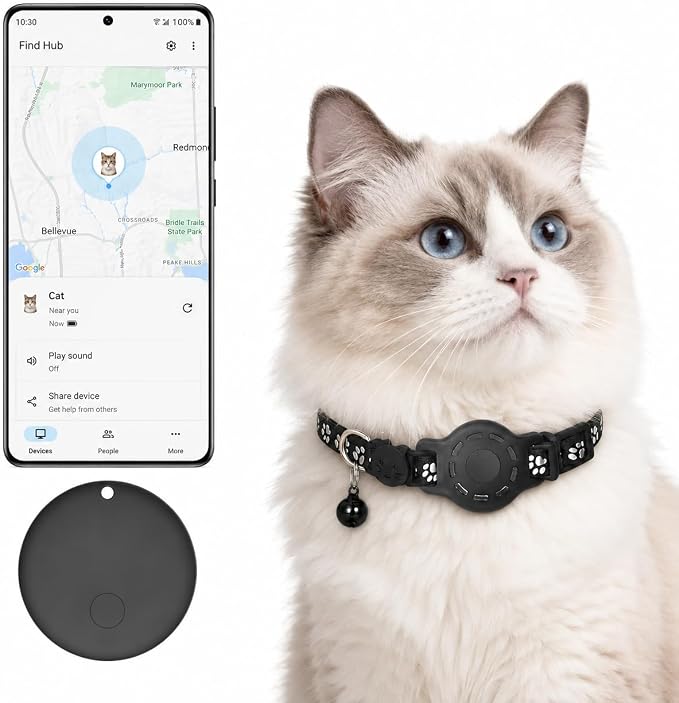 GPS Tracker for Cats, Cat Collar with Tracker for Android Users – No Monthly Fee, Google Find Hub Cat GPS Tracker Collar, IP67 Waterproof, Replaceable Battery Lasts 1 Year