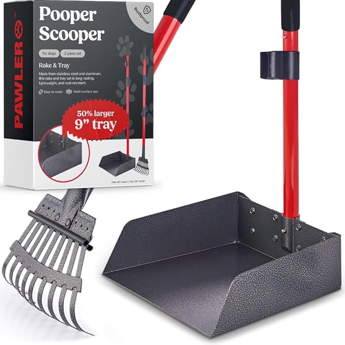 Pawler Pooper Scooper for Large Dogs, Small Dogs and Horses, Metal Poop Scooper Set with Long Handle Rake and Tray for Yard, Grass, Dirt or Gravel, Heavy Duty Aluminum Poop Picker Upper