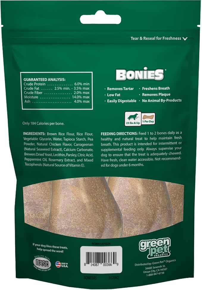 Bonies Natural Breath and Dental Formula Large-Sized Single Bone - All-Natural Ingredients, Fresh Breath, Cleans Teeth, Low Calories, Chicken Flavor, [Large Dogs], 5 Bones