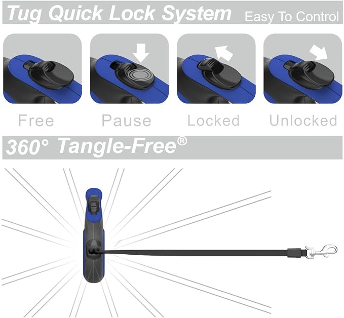 TUG Original Retractable Dog Leash, 16 ft (Medium, Blue) | 360° Tangle-Free Retraction, 16 ft Tape, Quick Thumb Lock, Anti-Slip Handle, For Dogs Under 55 lbs