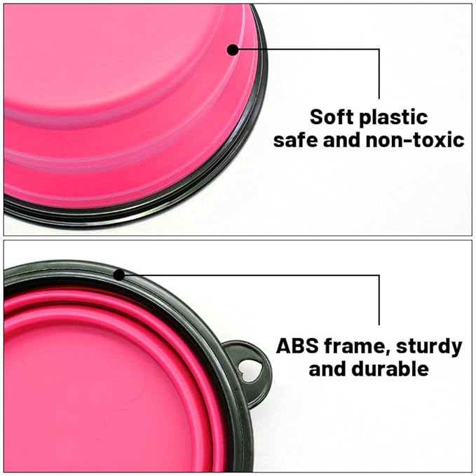 Dog Bowl Collapsible, 2 Pack, with Carabiners, Large, Orange+Pink
