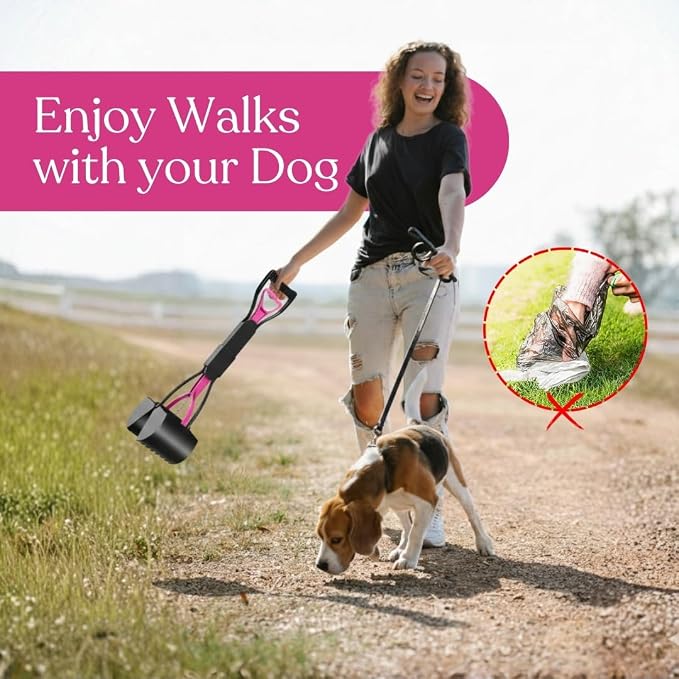 Pooper Picker - No Touch Dog Pooper Picker with Eco-Friendly Poop Bag | Pooper Scooper with Long Handle Durable Spring & Lightweight | Non-Breakable Pet Scooper for Lawn/Grass (Pink)