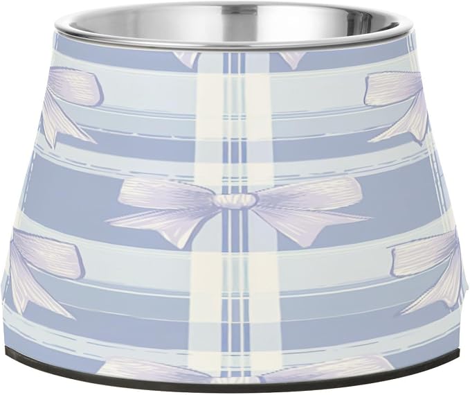 Blueangle Elevated Dog Bowls with Stainless Steel - Non-Slip 2.3 Cup High Capacity Pet Dish for Spinal Health & Blue Bows Plaid Design（551）