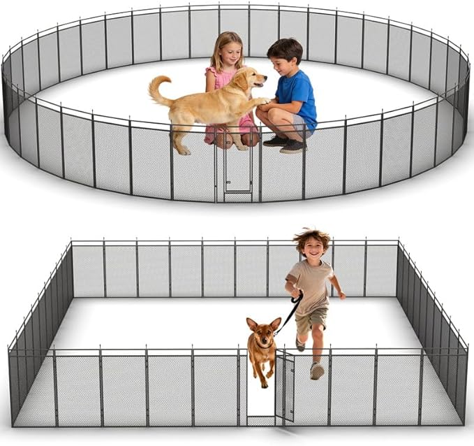 Dog Playpen with Safety Mesh, 40in 40 Panels, Black-Silver