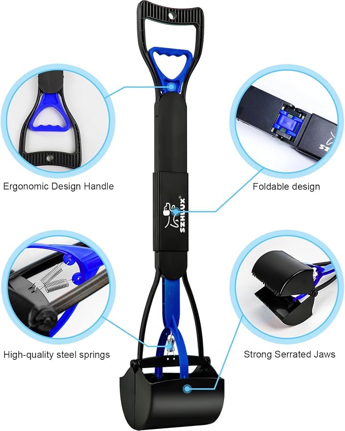 SZHLUX 28" Pooper Scooper, Foldable Dog Pooper Scooper with Unbreakable Material and Durable Spring for Grass and Gravel, Blue