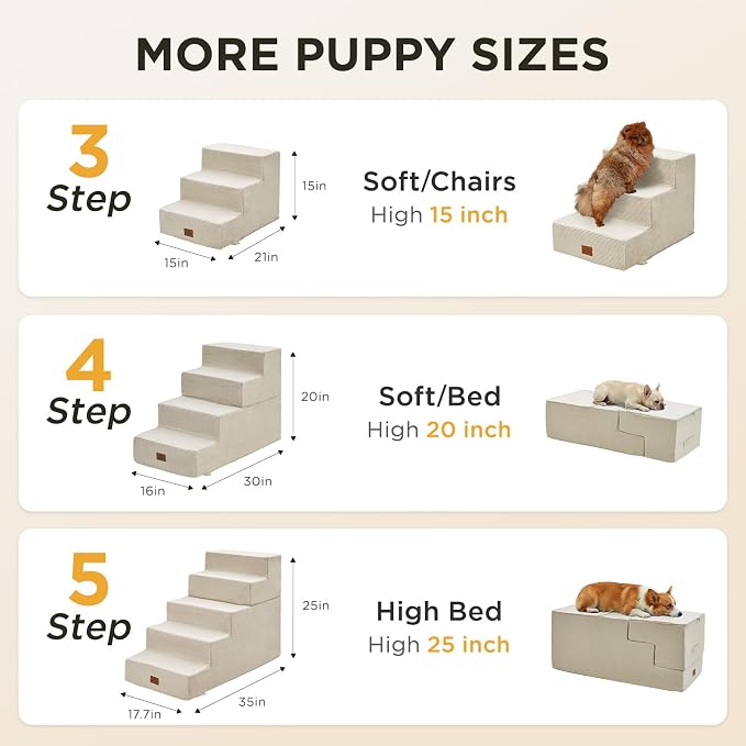 Joydeco Dog Stairs for Bed 15" H, 3-Step Pet Steps for Small Dogs and Cats, Dog Steps for High Bed, Non-Slip Balanced Ramp Indoor Pet Stairs, Beige