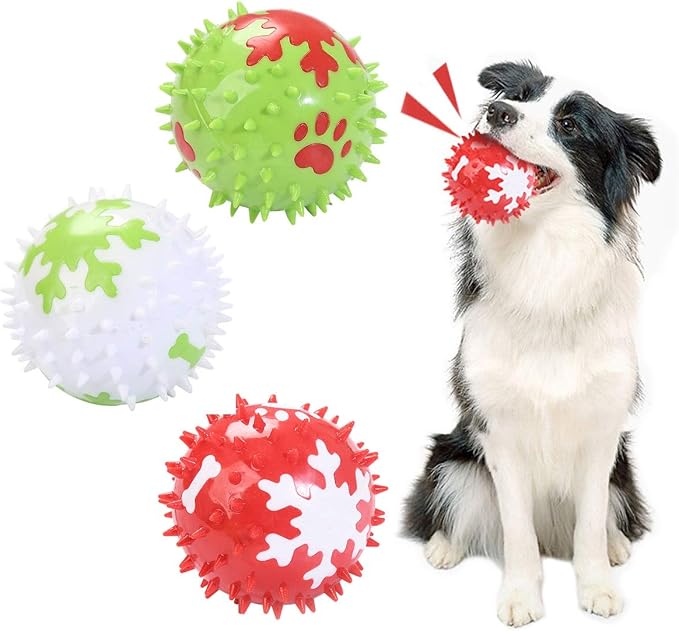 Christmas Squeaky Dog Toys - 3Pcs Spicy Dog Chewing Balls with Snowflake Pattern Xmas Dog Stab Ball Cleaning Teeth Toys Balls with High Bounce for Small Medium Large Pet Dogs