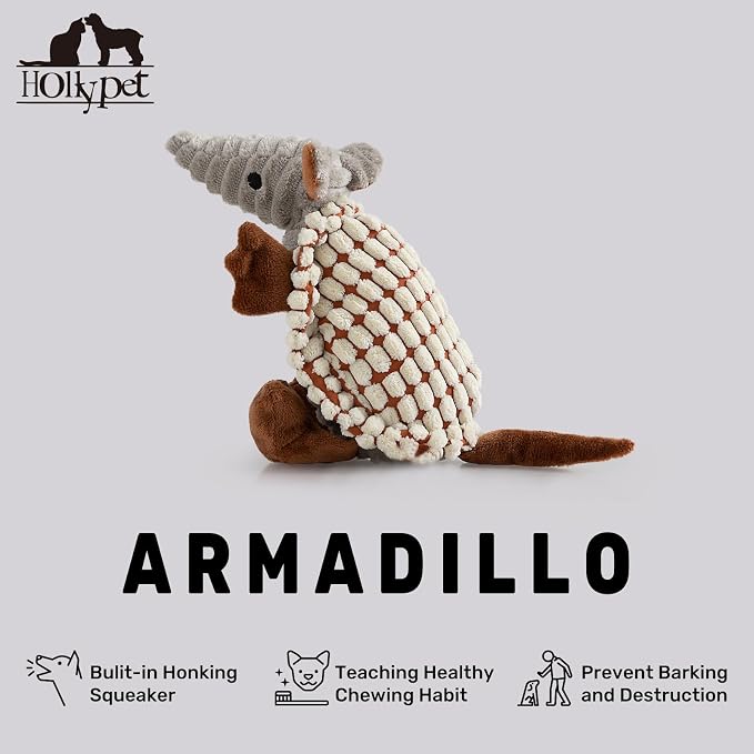 Hollypet Armadillo Squeaky Puppy Dog Toys for Small Medium Dogs, 8" | plush stuffed small dog squeak animal toy with unique grunt squeaker textured fabric for teeth cleaning toys