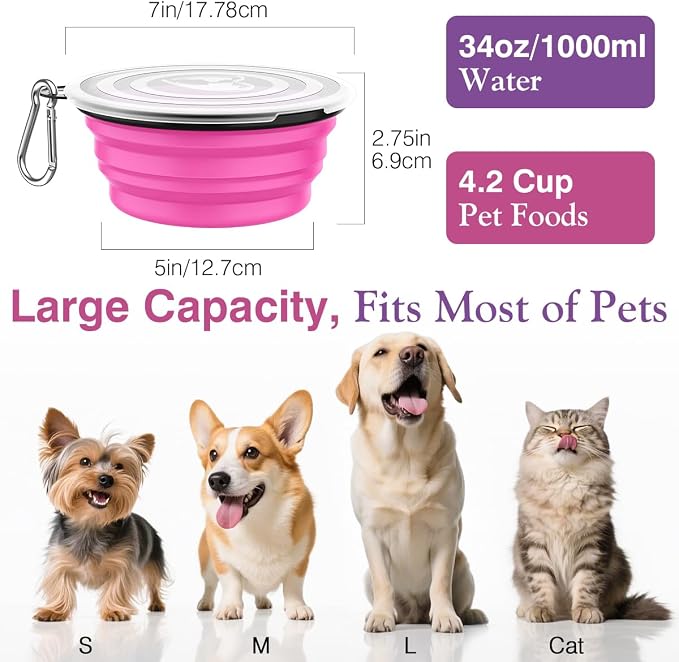 Pawaboo Collapsible Dog Bowls, 2 Pack, 1000ml, Pink + Purple