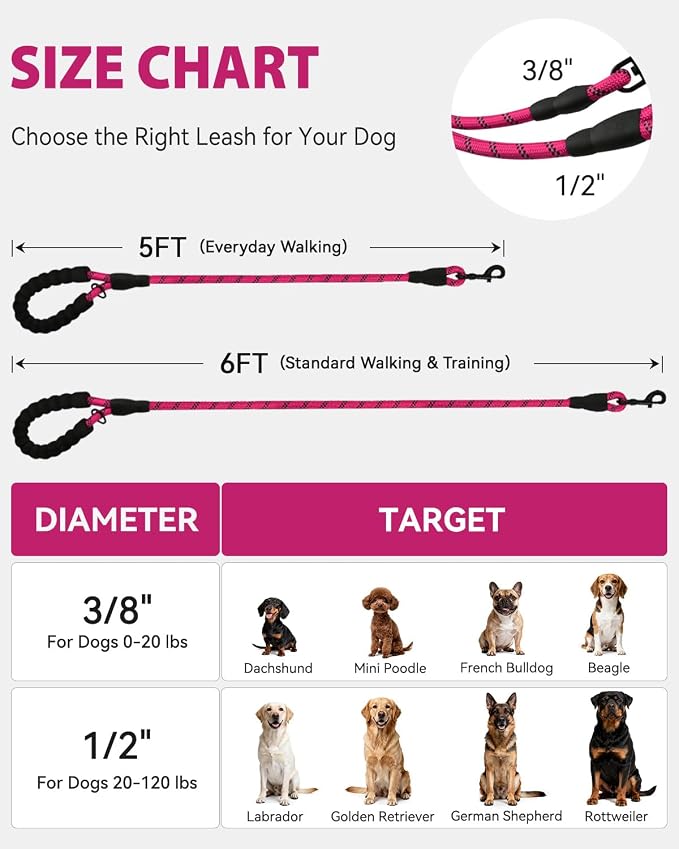 Joytale Rope Dog Leash for Medium Large Dogs, Padded Handle, 5FT, Hot Pink | Reinforced Nylon Webbing, Comfort Grip Eases Hand Strain, Swivel Clip Prevents Tangles, Visible at Night, for Outdoor Walks