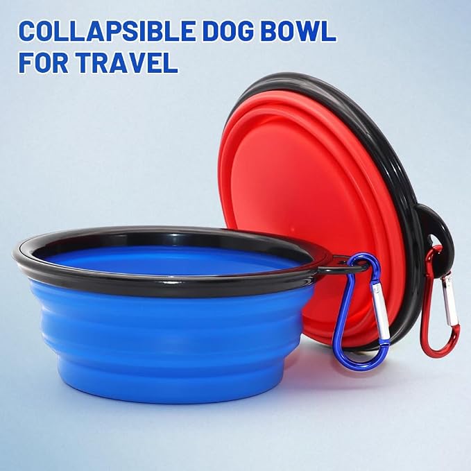 Dog Bowl Collapsible, 2 Pack, with Carabiners, Small, Blue+Red