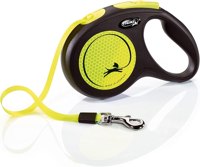 FLEXI® Neon Tape Retractable Dog Leash, Medium, 16 ft - Neon Yellow/Black | German engineered, original flexi leash, durable quality for dogs up to 55 lbs, tangle-free, walking, reliable brake system