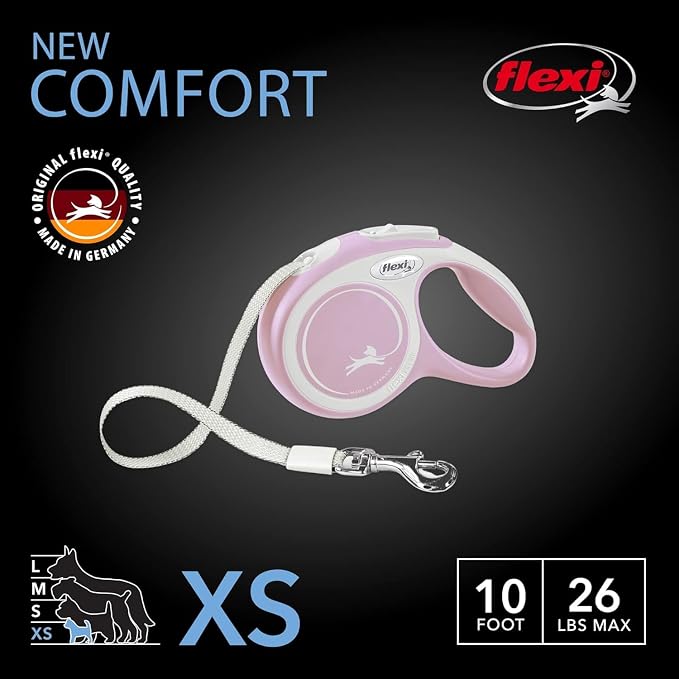 FLEXI® Comfort Tape Retractable Dog Leash, Small, 10 ft - Pink/Rose | German engineered, original flexi leash, durable quality for dogs up to 26 lbs, tangle-free, walking, reliable brake system