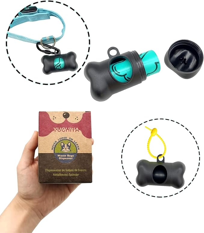 Dog Poop Pickup Bags Holder Dispenser with Standard-Sized Leak-Proof Scented Doggy Waste Bags and Carabiner with Safety Lock&Fastener Never Loose on Leash Lead Again (1 Holder 15 Bags, Black)