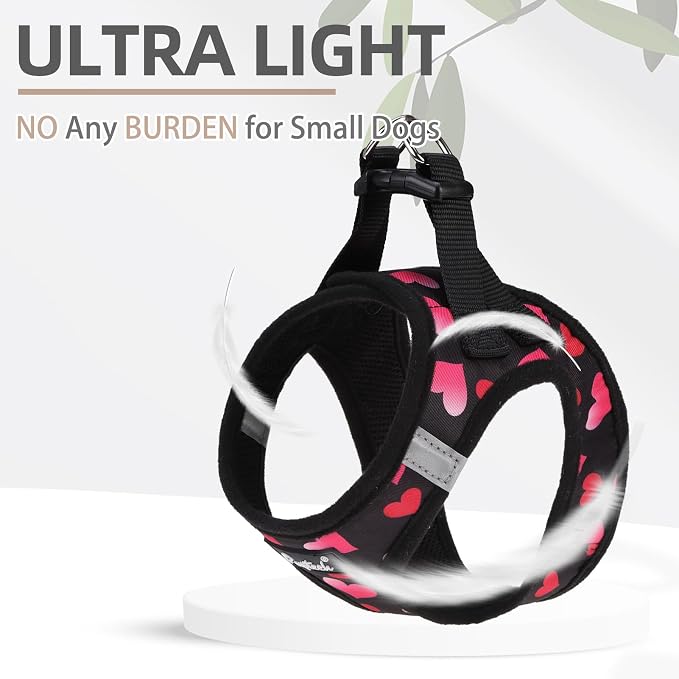 PUPTECK Dog Harness and Leash Set for Small Medium Dogs No Pull Step-in Soft Mesh Puppy Cat Vest Valentine Harnesses Reflective at Night, Black&Pink Heart, XS