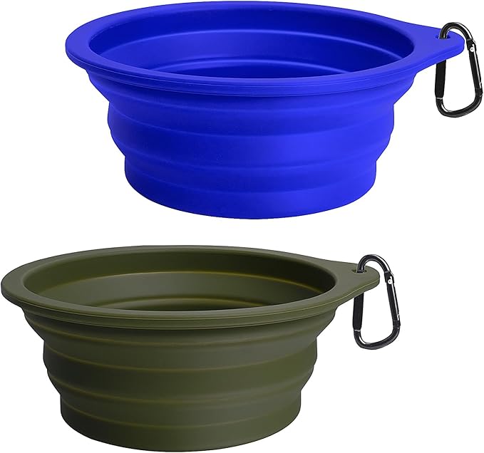 PetBonus Collapsible Dog Bowls, 2 Pack, Army Green, Blue
