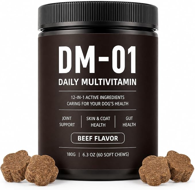 DM-01 Daily Multivitamin Itch Relief for Dogs, 12-in-1 Soft Chews with Glucosamine, MSM, Probiotics, Salmon Oil & Vitamins, Joint & Gut Support, Every Dog is Family, Loved by Humans, Beef, 60 Count