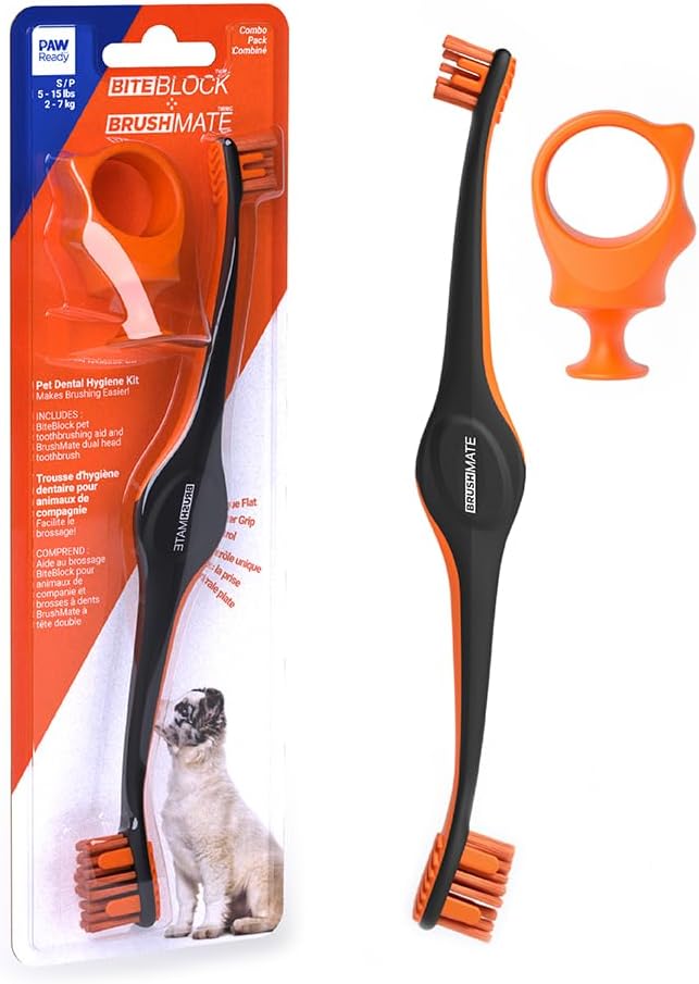 Dog Toothbrush and Bite Block Assistant Combo Pack by Paw Ready for Puppies' Dogs and Cats Small Size for use with Pets Between 5-15 lbs. (2-7kg) Protects Hands and Fingers While Brushing