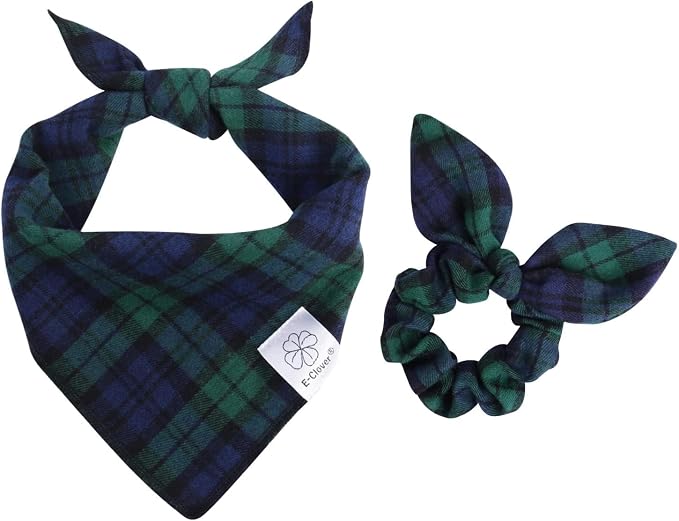 E-Clover Blue Green Plaid Dog Bandanas Girl Matching Scrunchie Medium Large, Large-set of 1, Medium, Blue