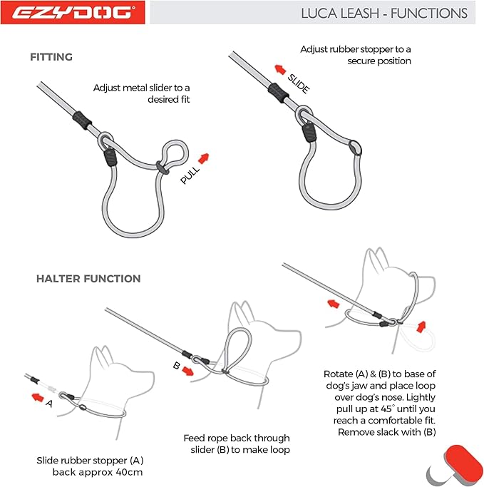 EzyDog Luca Slip Lead Dog Leash, 5.5 ft, Collar Leash Combo - LITE, Black | Slip On and Go Convenience, Durable Climbing Rope, For Small Dogs, Metal Slider, Silicone Stopper Prevents Overtightening