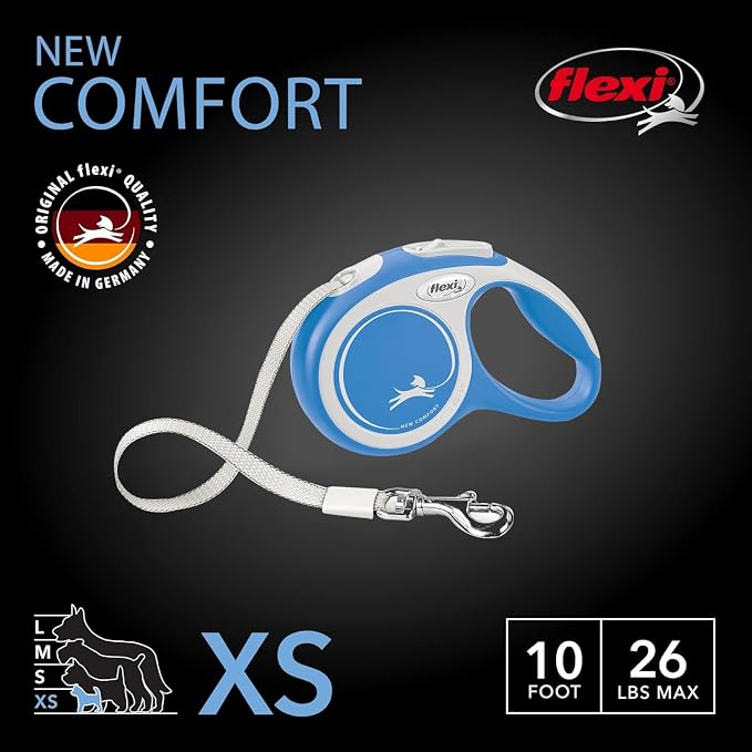 FLEXI® Comfort XS Tape Retractable Dog Leash, 3-Finger Grip, 10 ft - Blue | German engineered, Pocket-Size original flexi leash, durable quality for dogs up to 18 lbs, tangle-free,reliable brake system