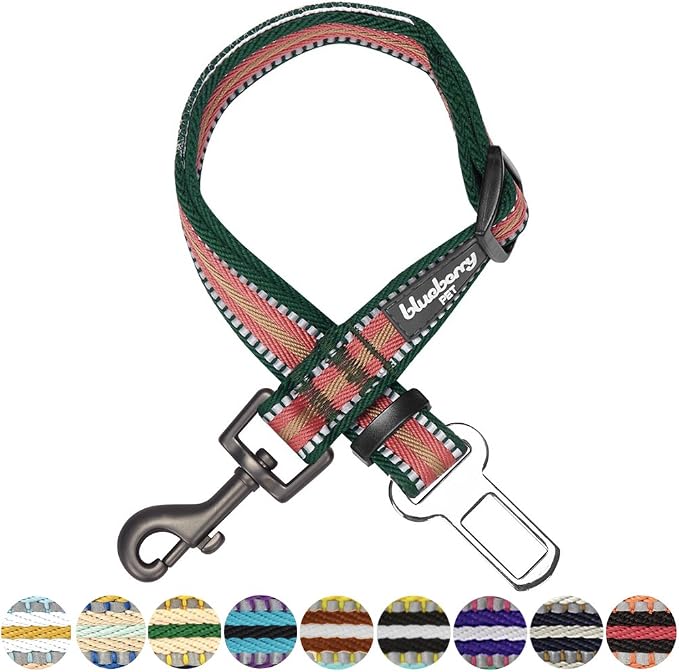Blueberry Pet Dog Leash & Puppy Essentials: 3M Reflective Multi-Colored Stripe Adjustable Dog Seat Belt for Car, Safety Tether for Dogs, Dark Green/Pink, 1" Width, 16.5"-25.5" Length
